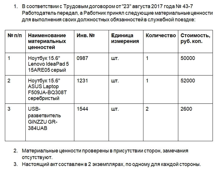 Акт приема-передачи материальных ценностей работнику