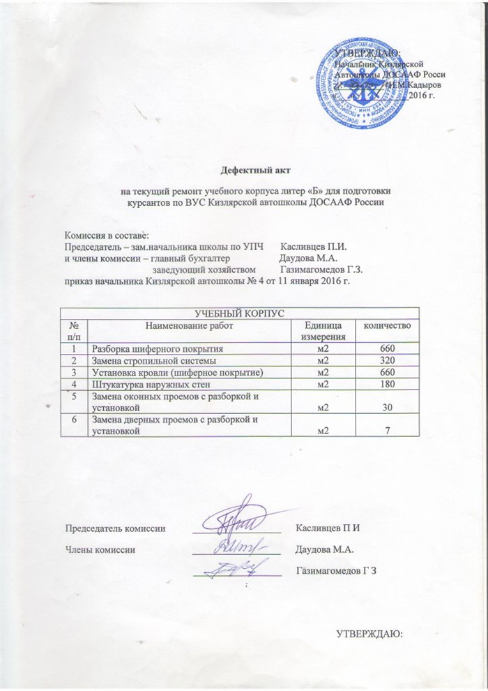 Дефектный акт на текущий ремонт